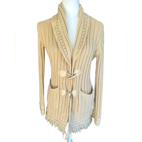 V’Cocca Cardigan Sweater Small Tan Fringe Chunky Knit Boho Fisherman Cozy Winter - Picture 1 of 12